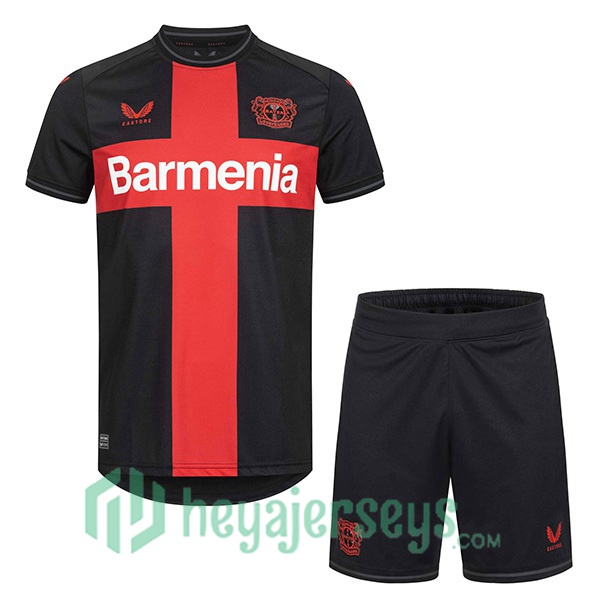 Cheap Bayer 04 Leverkusen Kids Soccer Jersey Home Black Red 2023/2024